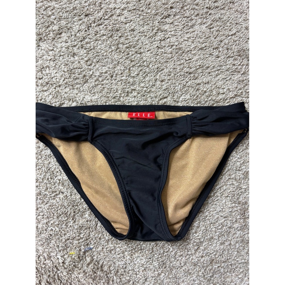 Elle Womens Black Ruched Bikini Bottoms Gold Metallic Lined Swimwear Size M